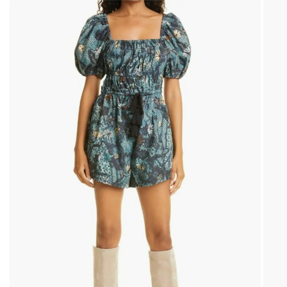 Ulla Johnson Alegria Floral Mixed Print Cotton Puff Sleeve Tropical Romper Sz 12